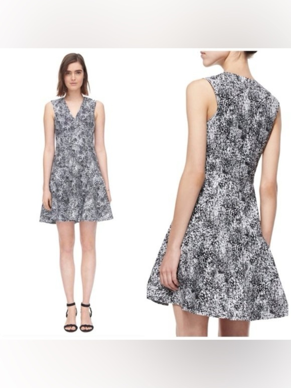 Rebecca Taylor Sleeveless V-Neck Black & White Jaquard  A-Line Fit & Flare Dress
